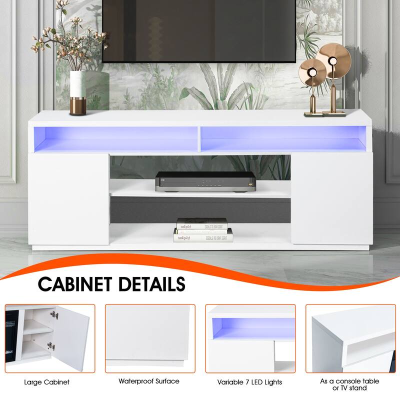 68" Modern White Rectangular RGB LED TV Stand Media Console for up to 75" TV