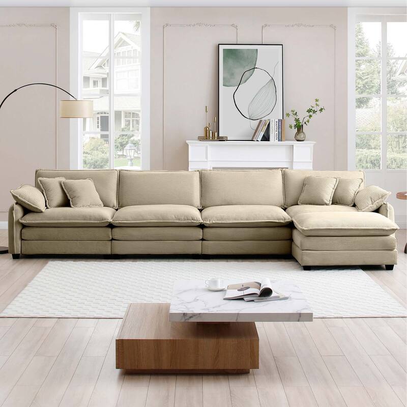 5-piece Oversized Corduroy Upholstered L-Shaped Modular Sectional Sofa with Removable Ottoman and Free Combination