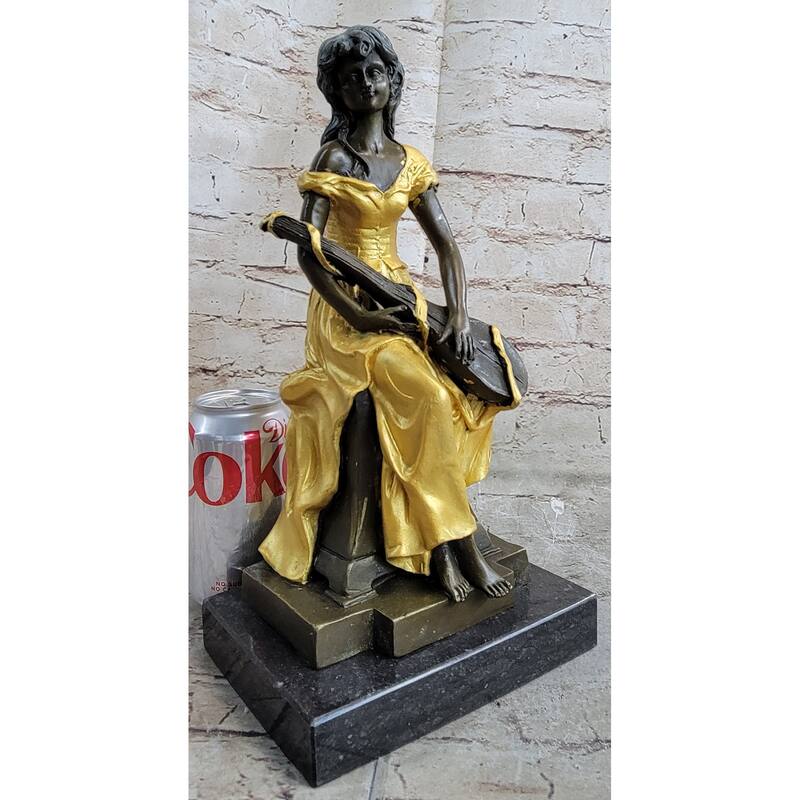 Vintage Banjo Playing Sitting Woman Sculpture Bronze Statue Figurine By Kossowski