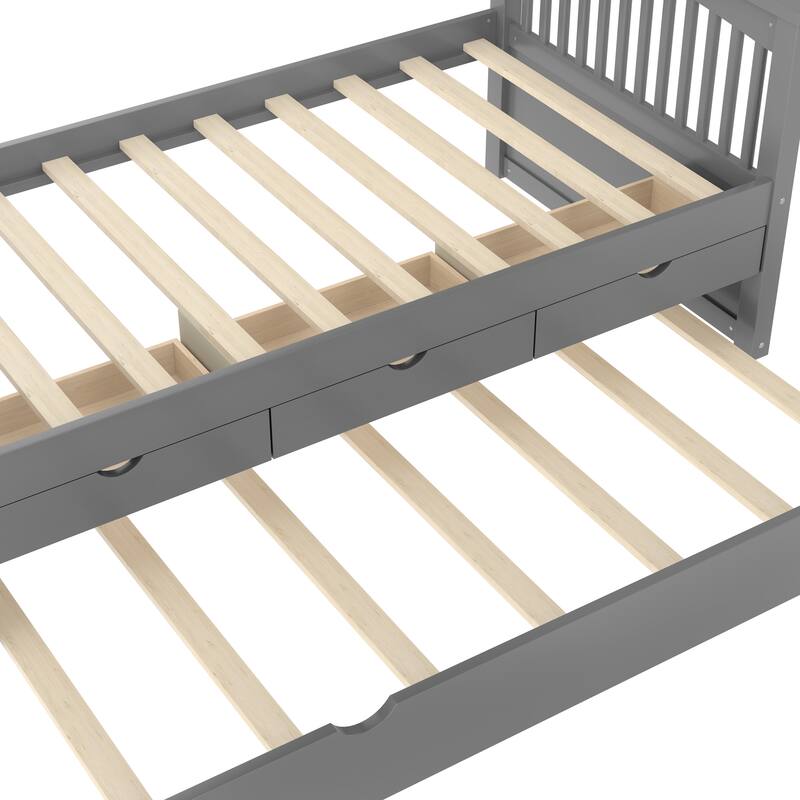 Twin Platform Bed with Drawers and Trundle, Solid Wood Daybed, No Spring Box Needed