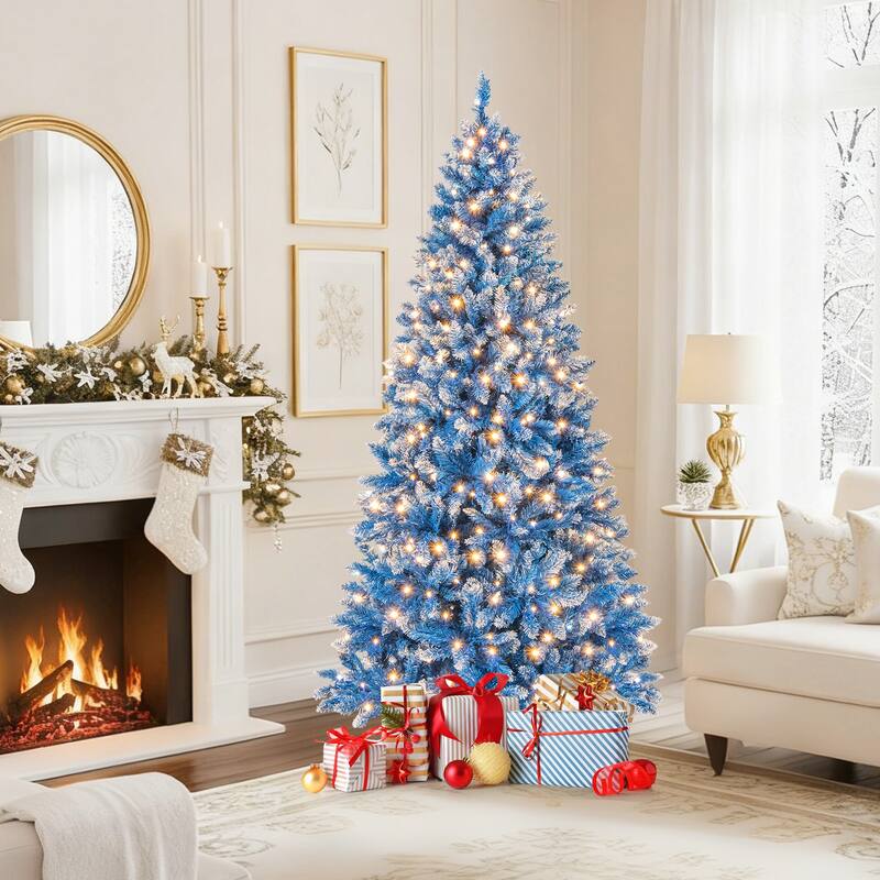 Gymax Pre-Lit Artificial Christmas Tree Blue Hinged Xmas Tree w/