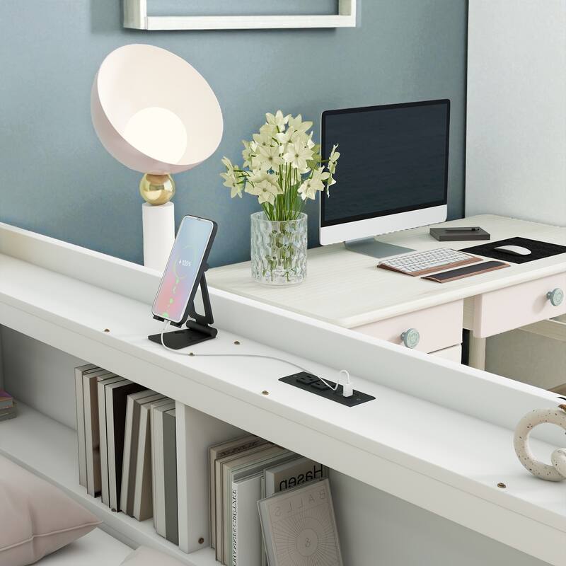 Full Size Bed with L-Shaped Bookcases, Power Outlets, USB Ports and 2 Storage Drawers