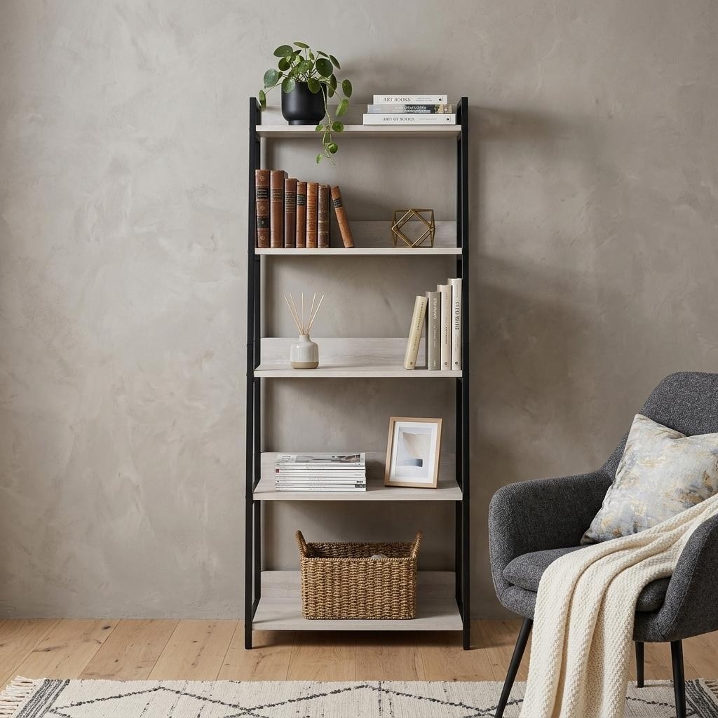 HomeRoots 67" Natural and Black Metal Five Tier Ladder Bookcase