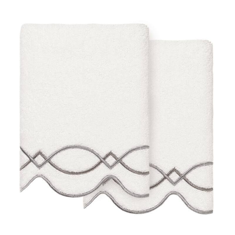 Authentic Hotel and Spa 100% Turkish Cotton DIAMOND CHAIN Scallop Embellished Towel Collection - White/Grey - 2 Hand Towels