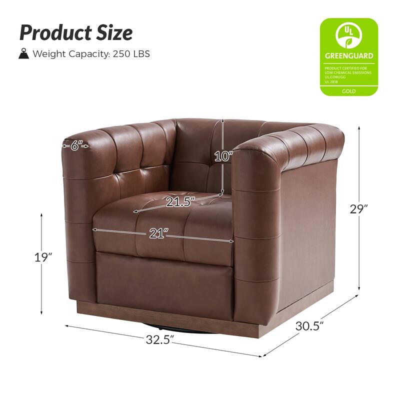 Jeremias Mid-certury Modern Genuine Leather Tufted Swivel Club Chair with Wooden Apron by HULALA HOME