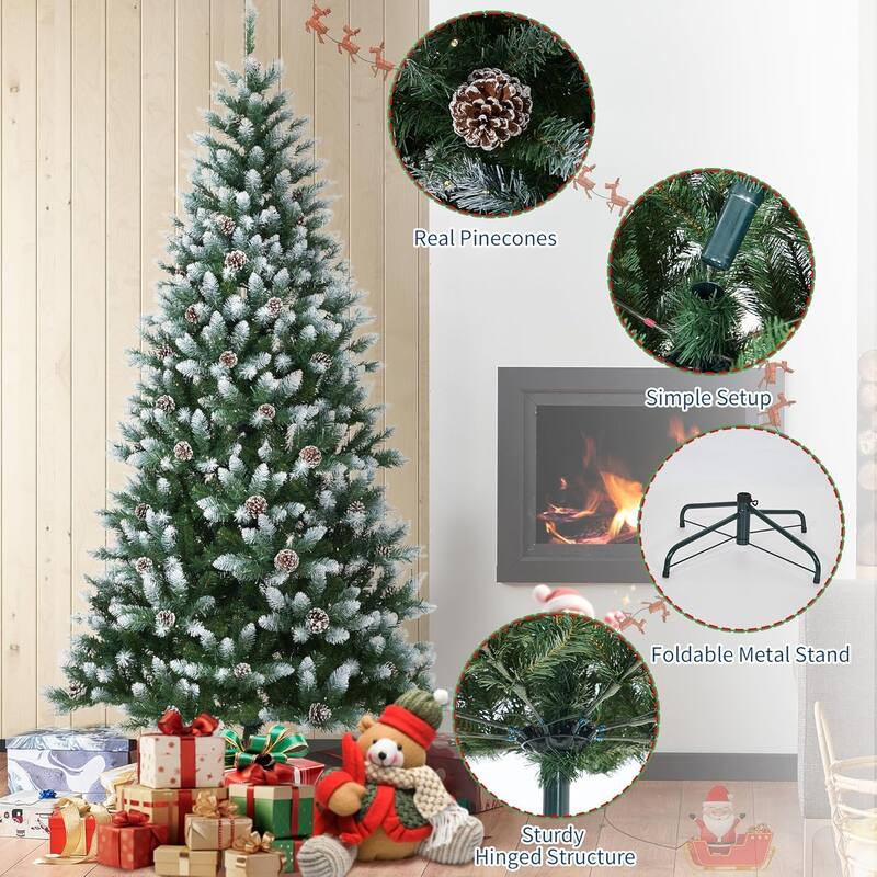Christmas Tree, Pre-Lit 4.5 Ft Artificial Pine with LED Lights, Hinged Holiday Tree with Foldable Metal Base for Home