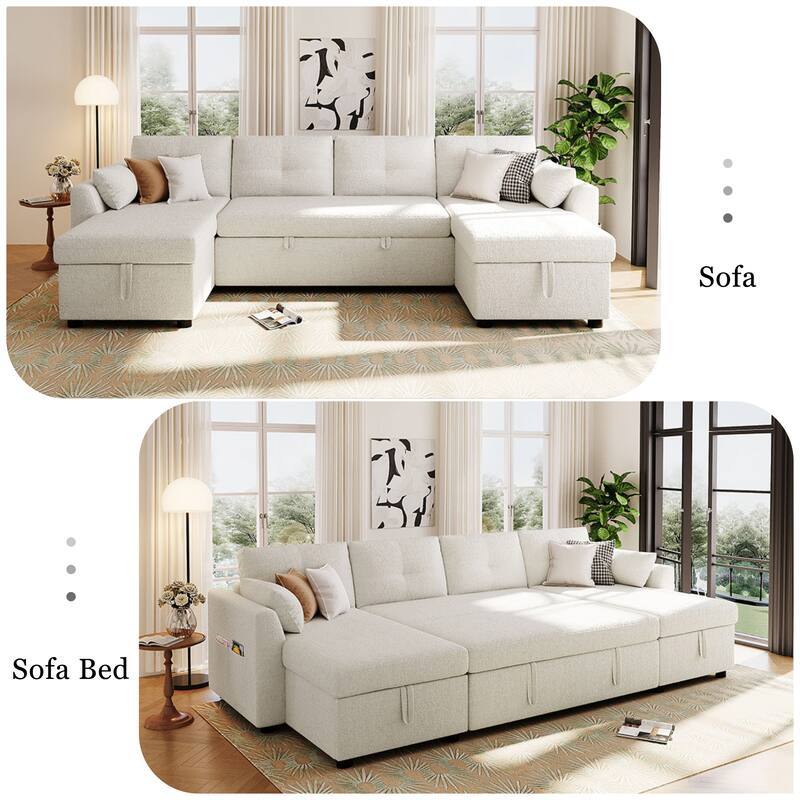 Teddy Fabric Sectional Sofa Convertible Sleeper Sofa Modern U-Shaped Couch Dual Storage Chaise Lounge with Pockets and USB Ports