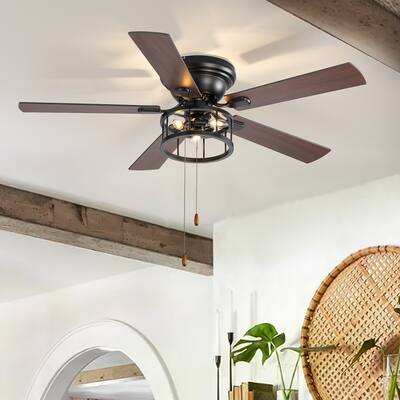52" 5-Blade Flush Mount Ceiling Fan with Light Pull Chain - 52 inch