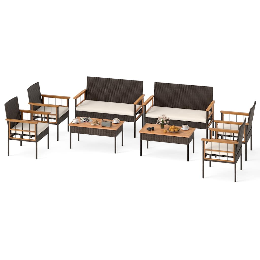 Gymax Set of 8 Wicker Furniture Set w/Acacia Wood Tabletop Armrests