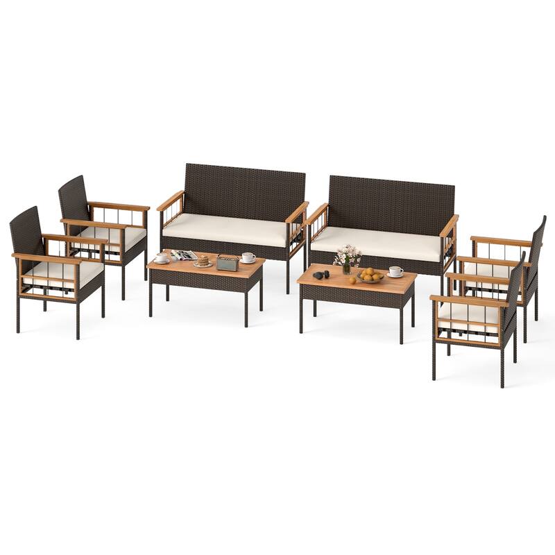 Gymax Set of 8 Wicker Furniture Set w/Acacia Wood Tabletop Armrests - Beige