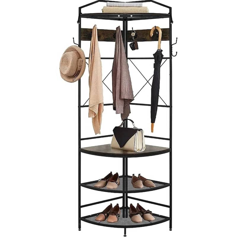 Brown-Black Steel Wood Corner Hall Tree with Shoe Storage Bench, Hooks and Shelves - 19.68'' W X 19.68'' D X 72” H - Brown-Black