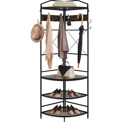 Brown-Black Steel Wood Corner Hall Tree with Shoe Storage Bench, Hooks and Shelves - 19.68'' W X 19.68'' D X 72” H