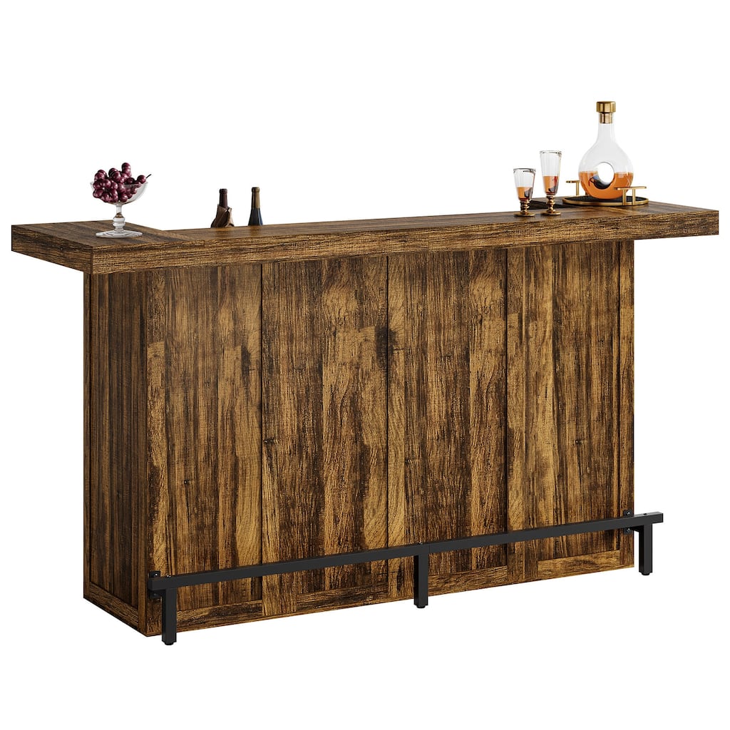 Industrial Wood Bar Table Liquor Cabinet with Wine Glass Holder