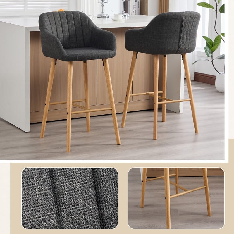 Linen Upholstered Ergonomically Designed Solid Wood Leg Tall Bar Stools(set of 2)