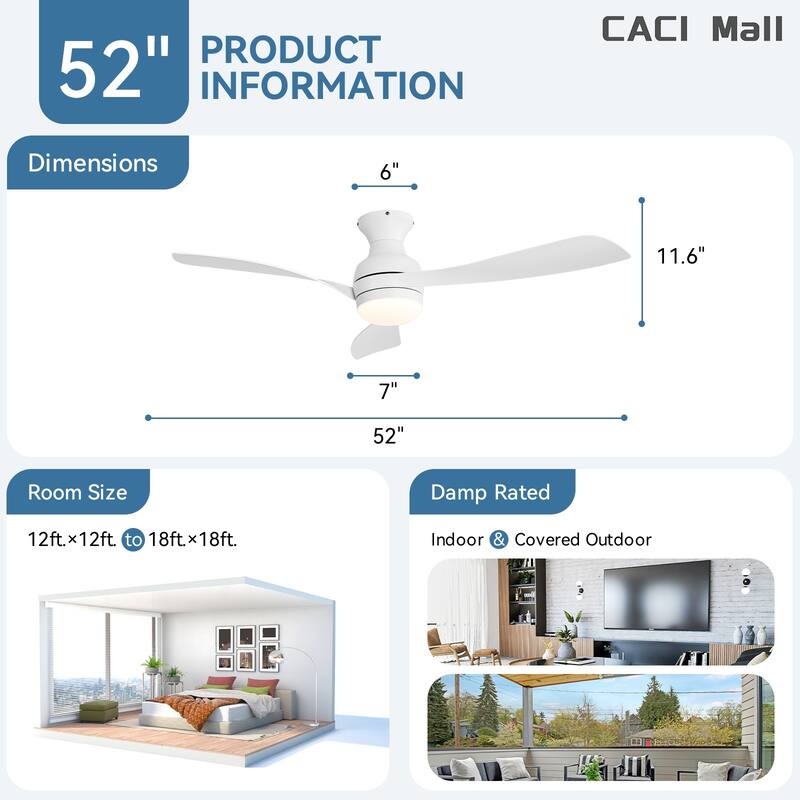 52/60 Inch Ceiling Fan with Integrated LED Light and Remote Control Quiet DC Motor