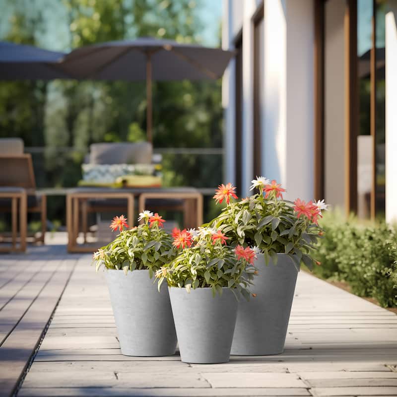 Tall Concrete Round Plant Pots / Large Indoor and Outdoor flower Planters - 3 Piece Set (12.5, 15.5, 18.5 Inch Diameter) - Stone Finish