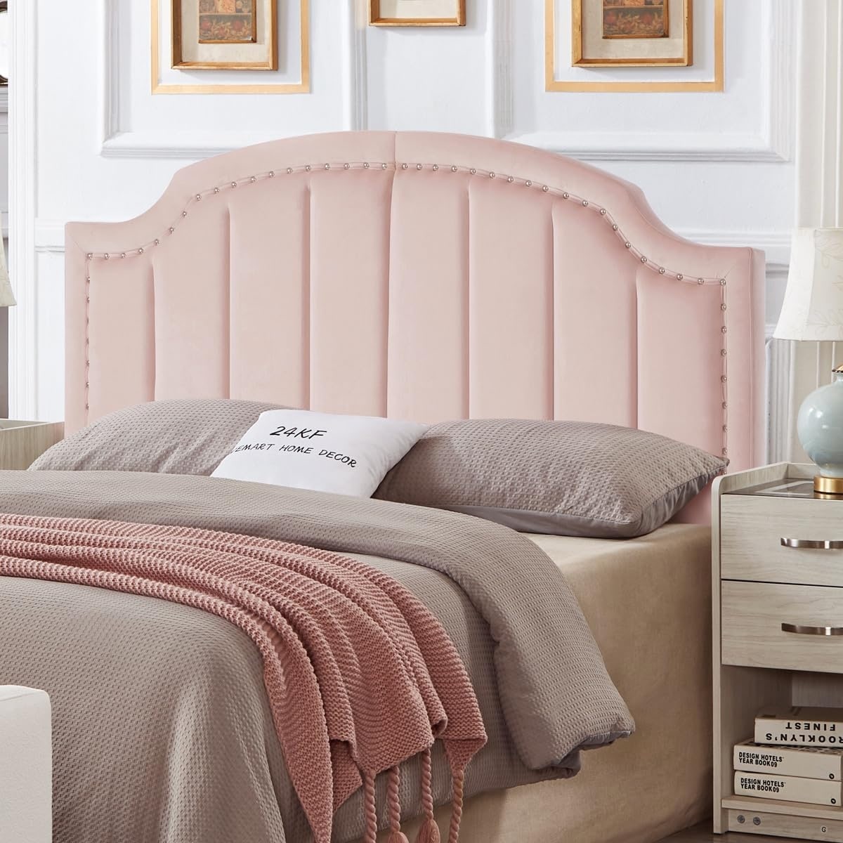 Velvet Upholstered Queen/Full Headboard with Nail Trims and Vertical Channel Design