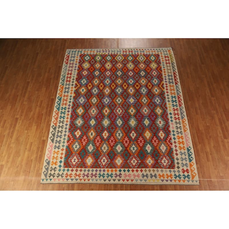 All-Over Geometric Kilim Oriental Area Rug Hand-Woven Wool Carpet - 9'2"x 11'3"