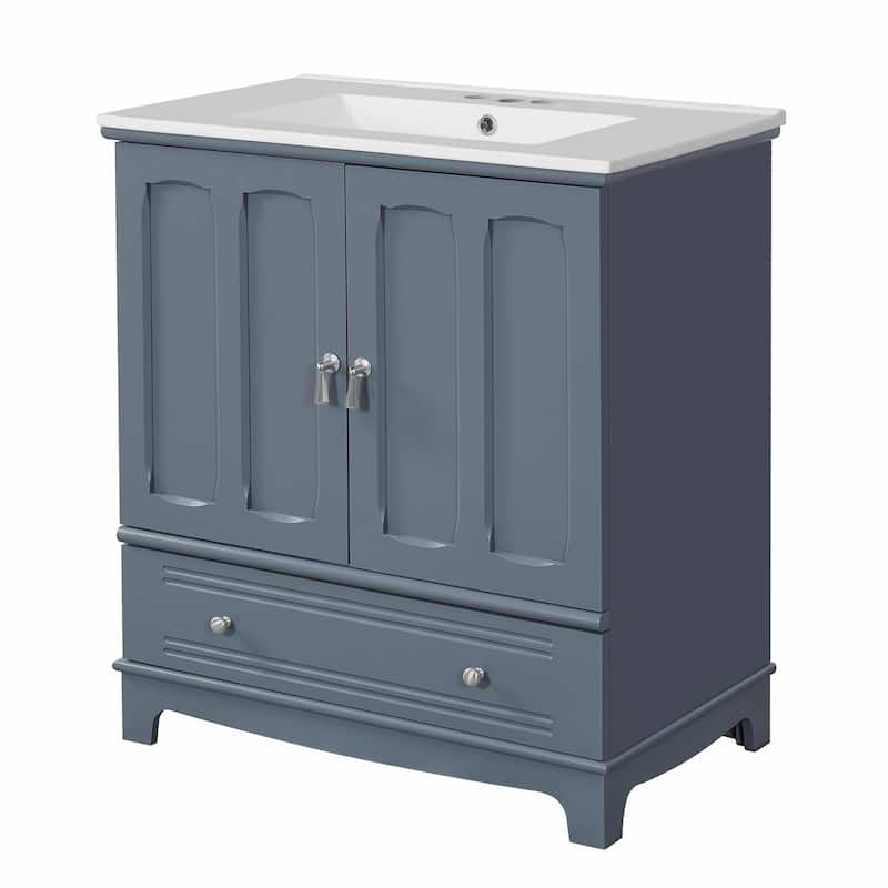 30" Bathroom Vanity with Ceramic Sink - Solid Wood Frame Bathroom Sink Cabinet with Adjustable Shelf
