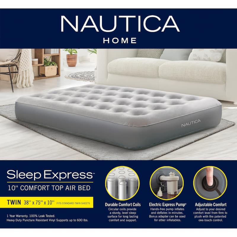 Nautica Home Sleep Express 10 in. Inflatable Air Mattress with External Pump - Bed with Puncture Resistant Vinyl Construction - Twin