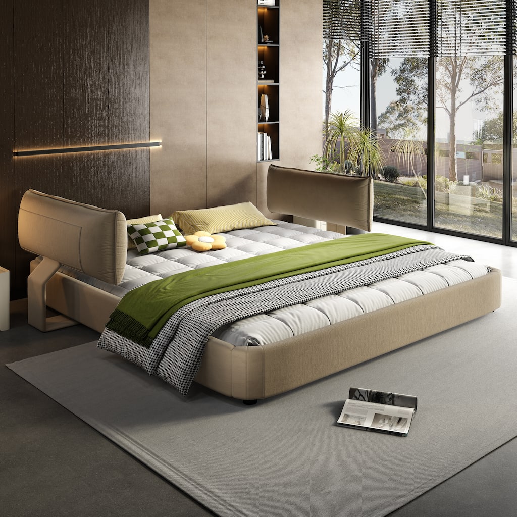 Low Profile King Size Cloud Bed Frame with Movable Headboard, Chenille Platform Bed with Metal/Solid Wood Slat Double Support