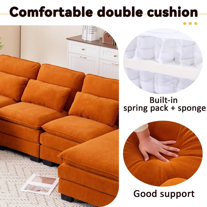U Shape 111.8"Modern Comfort Combination Sectional Sofa,4-seat Velvet Fabric Upholstered Sofas with Chaise Lounge & Pillows