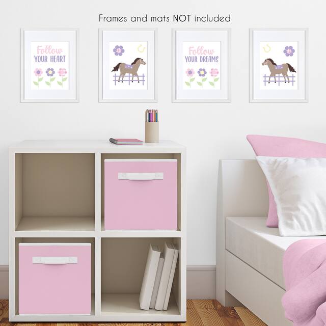 Pony Floral Collection Wall Decor Art Prints (Set of 4) - Purple, Pink, Yellow and Green Flower Farm Horse Plaid