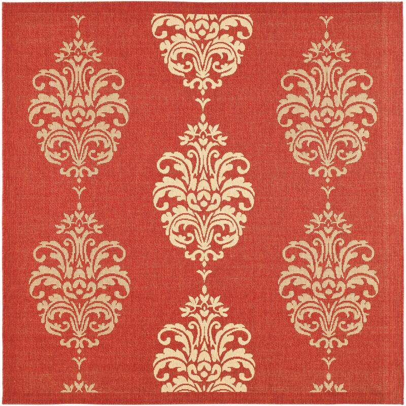 SAFAVIEH Courtyard Pauley Damask Indoor/ Outdoor Waterproof Patio Backyard Rug - 7'10" Square - Red/Natural