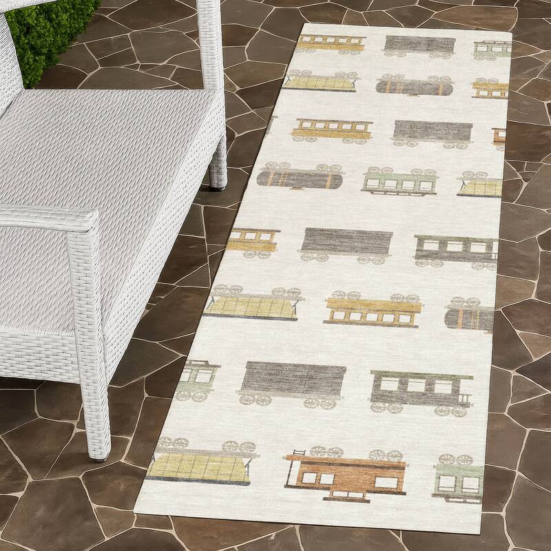 Machine Washable Indoor/ Outdoor Modern Train Chantille Rug - Ivory - 2'3" x 7'6"