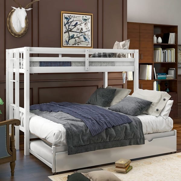 slide 2 of 19, Twin Over Pull-Out Bunk Bed with Trundle, Solid Wood Twin Over Twin/Double Twin Bunk Bed with Ladder and Full-Length Guardrail White - Twin