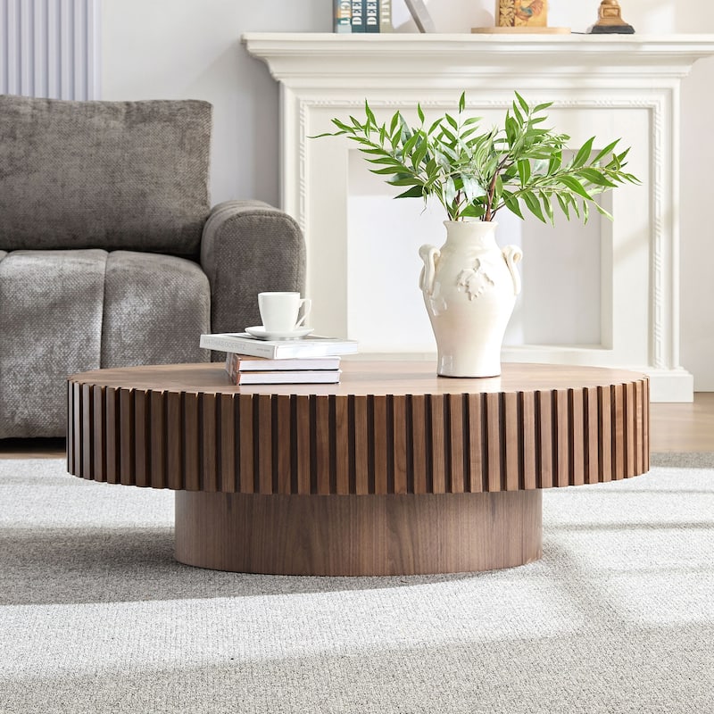 Handcraft Coffee Table Dining Table with Wood Relief, Oval End Table Accent Table with Sturdy Pedestal