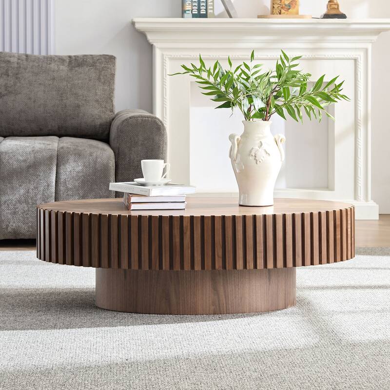 Oval Compact Low Coffee Table Handcraft Drum Small Center Table with Side Fluted Design and Wood Grain for Living Room Office - Walnut
