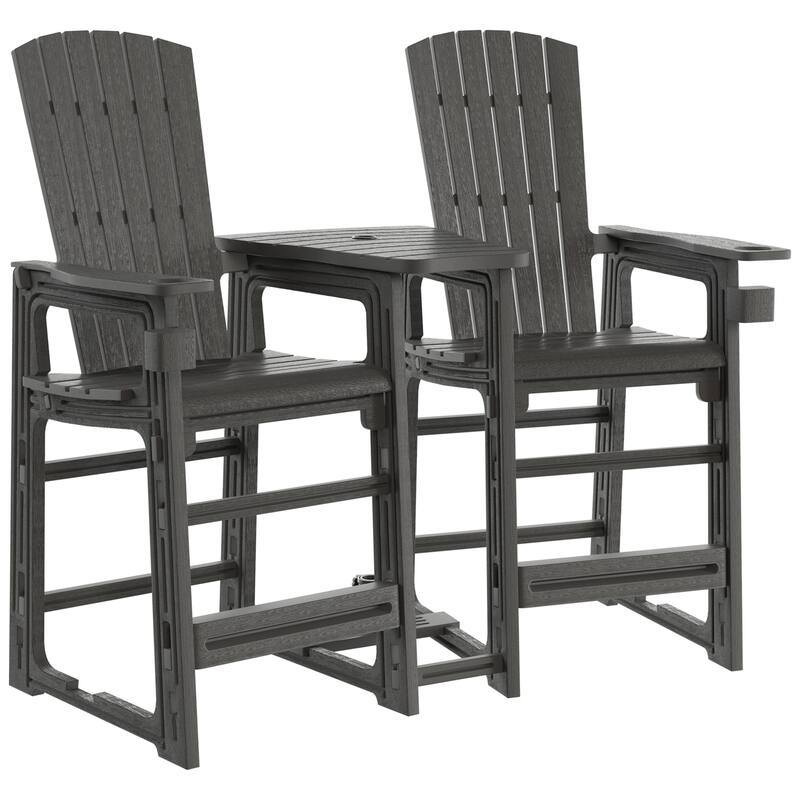 Polytrends Coastline Outdoor Poly Bar Chair Set with Connecting Tray & Cup Holder - Gray