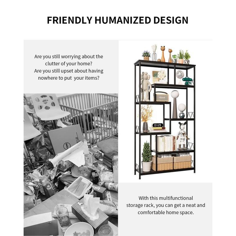 7-Shelves Staggered Bookcase Industrial Etagere Bookcase, Open Book Shelves