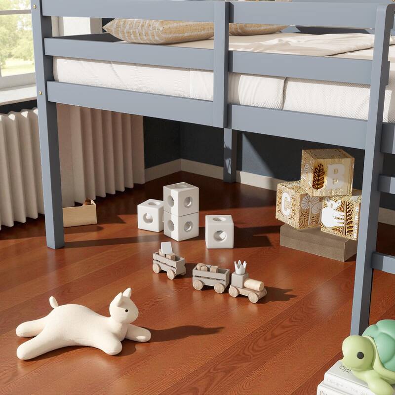 Full Size Loft Bed with Ladder, Solid Rubber Wood Frame Low Height Design with Guard Rails and Under-Bed Storage Space