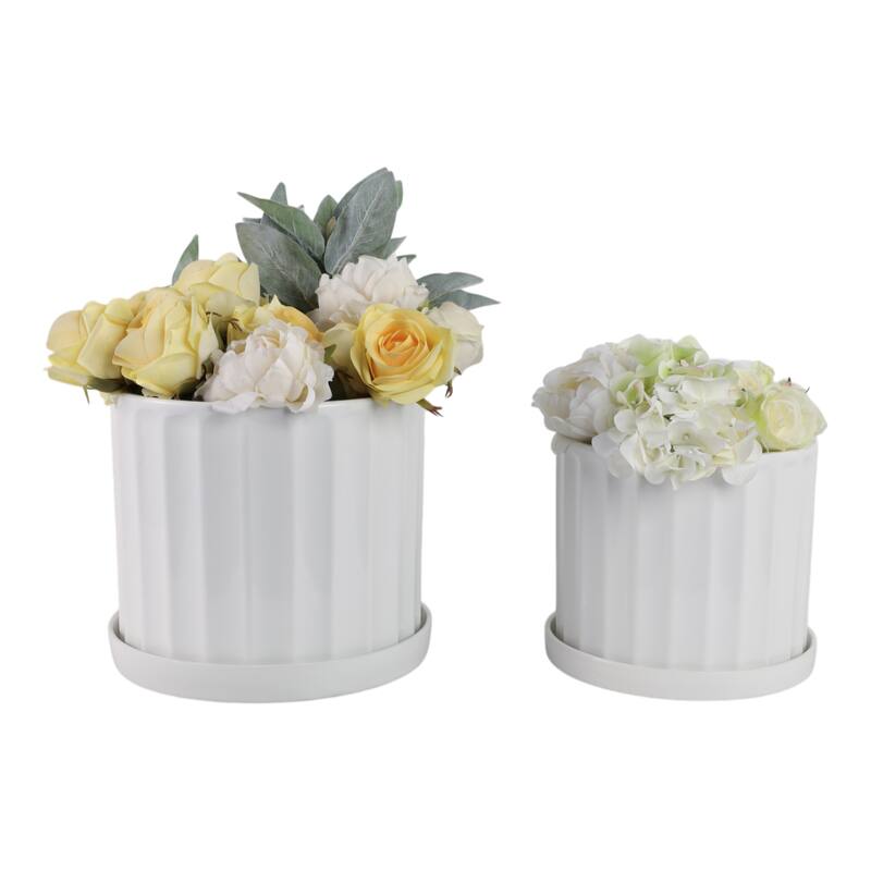 Ceramic Saucer Planters Ribbed Texture (Set of 2) - 10", 9" White - 12" x 12" x 10"