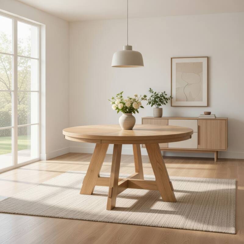 Danie Round Dining Table with Starburst Wedge Top, Brown Wood 54 Inch