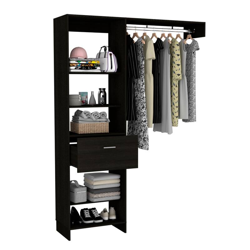 150 Armoire Wardrobe Closet, Metal Rod, Five Open Shelves, One Drawer -Black
