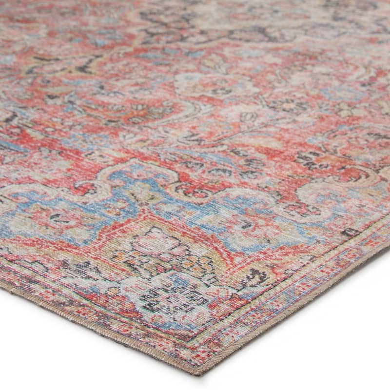 Gracewood Hollow Eddo Machine Washable Indoor/Outdoor Red and Light Blue Medallion Area Rug