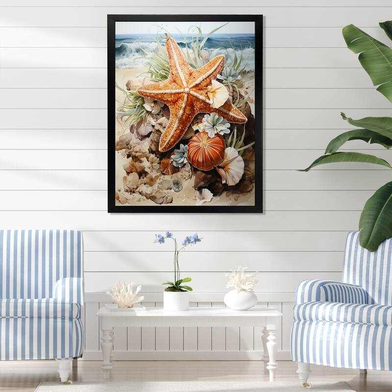 Designart "Orange And Blue Starfish Sands II" Coastal Tropical Wall Decor Orange Coastal Entryway Framed Wall Art Print - 12 in. wide x 20 in. high - Black
