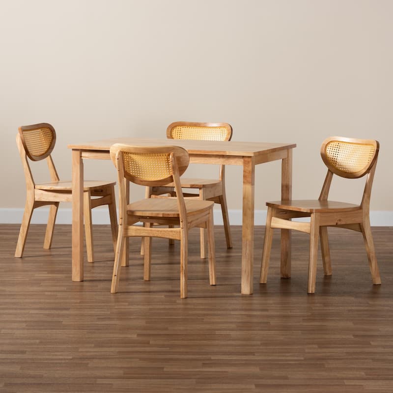 Haviland Mid-Century Oak Brown Finished Wood and Rattan 5-Piece Dining Set