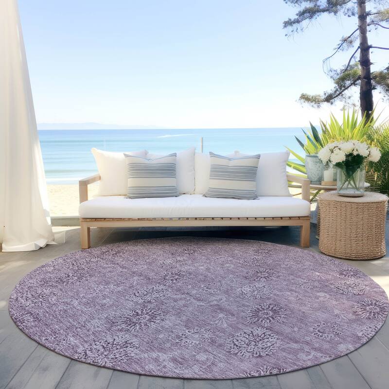 Machine Washable Indoor/ Outdoor Chantille Floral Burst Rug - Plum - 8' x 8'