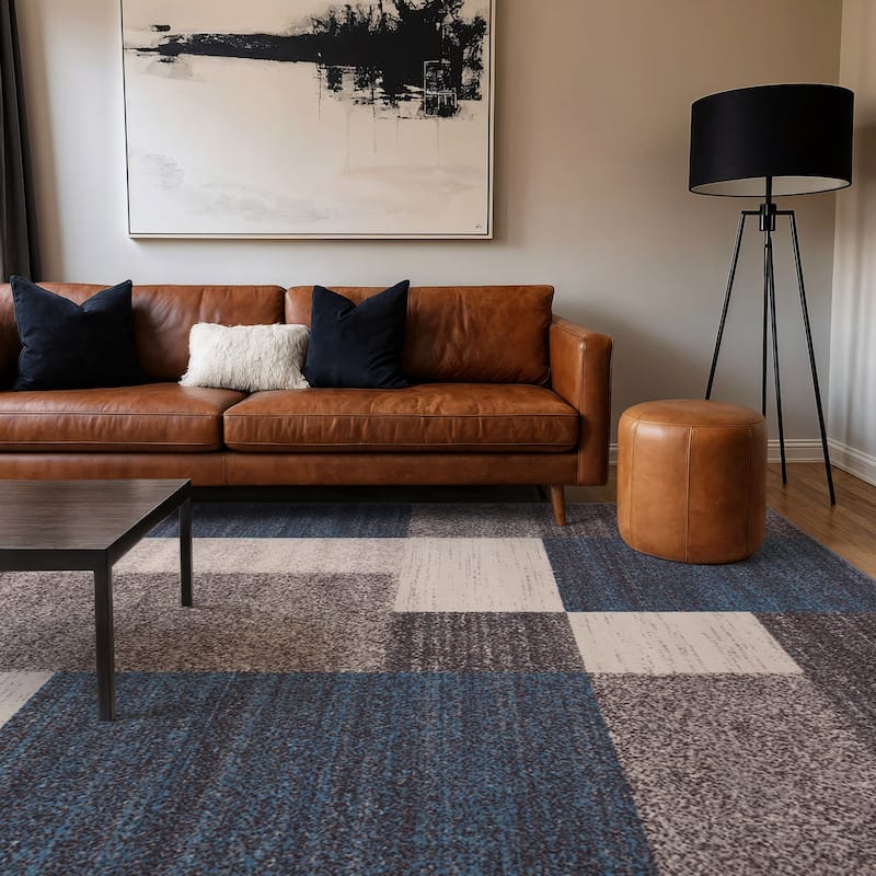 World Rug Gallery Modern Boxes Design Non-slip (Non-skid) Area Rug - 7'10" x 10' - Blue