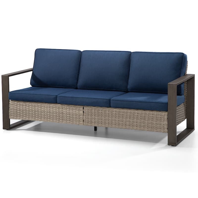 Cozywor Wicker Outdoor Patio Sofa Steel Frame with Beige Cushions