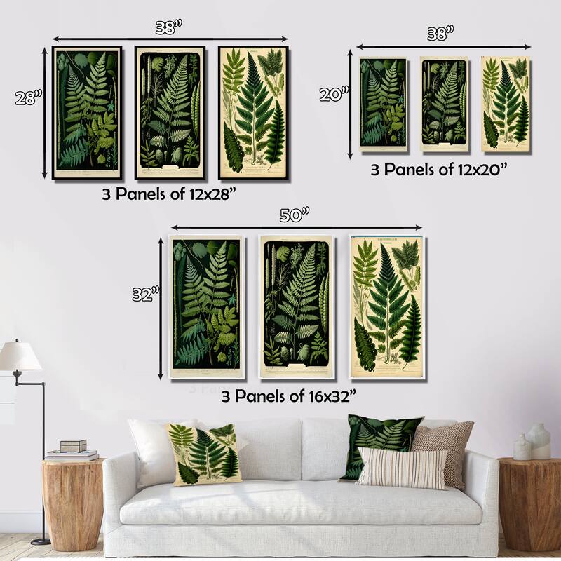 Designart "Fern On Retro Victorian Chart I" Floral Ferns Wall Art Set Of 3 - Modern Gallery Wall Set For Home Decor