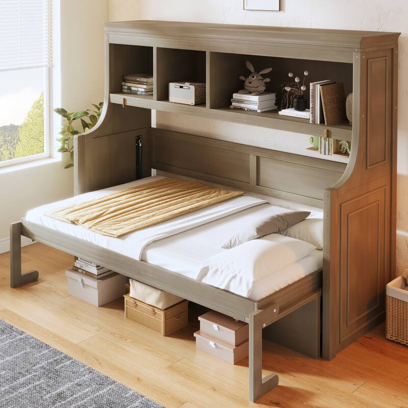 Twin Size Murphy Bed Cabinet with Fold-down Desk and Storage Bookcase Shelves