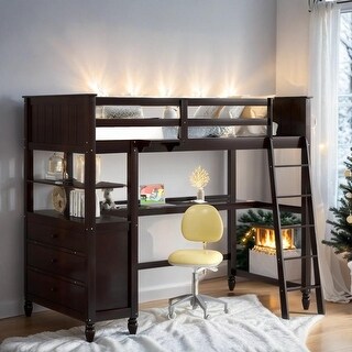 Twin size Loft Bed with Drawers, Built-in Desk and Shelves, Espresso