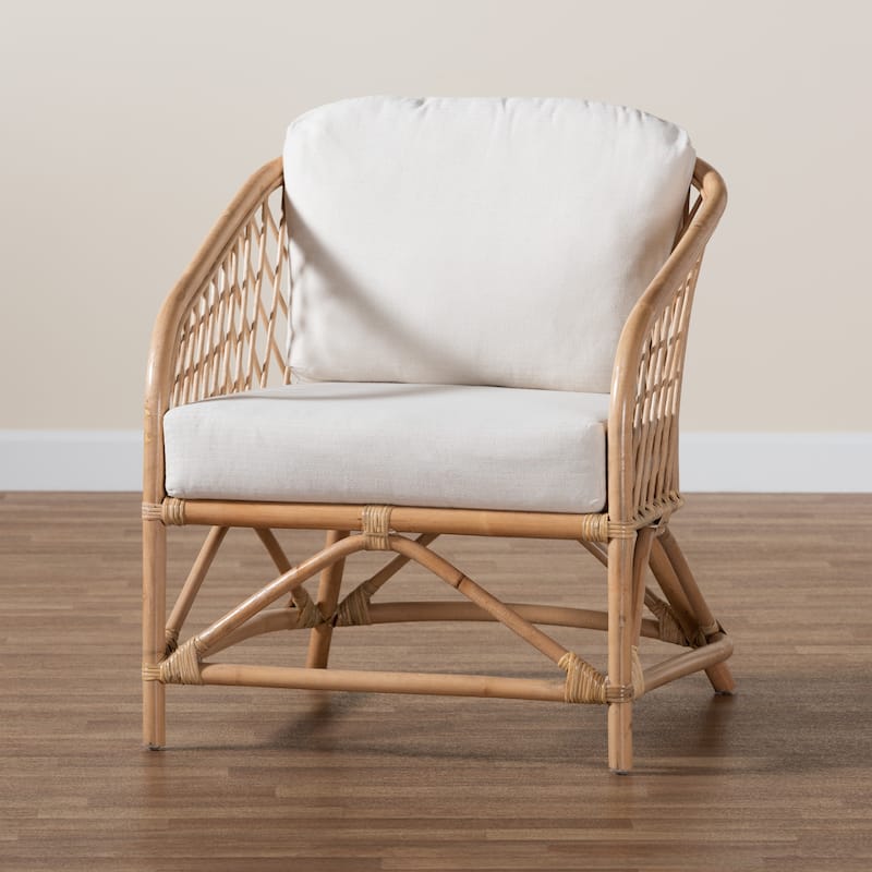 Patsy Modern Bohemian White Fabric and Natural Brown Rattan Armchair