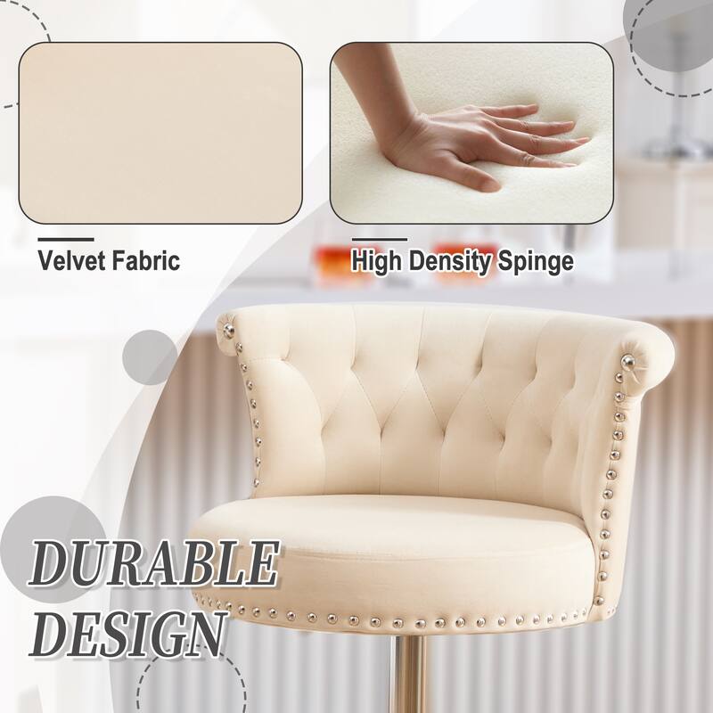Velvet Bar Stool Set of 2, Adjustable Swivel Bar Stools with Silver Plated Metal Leg, Chrome Nailhead, Counter Height Chair