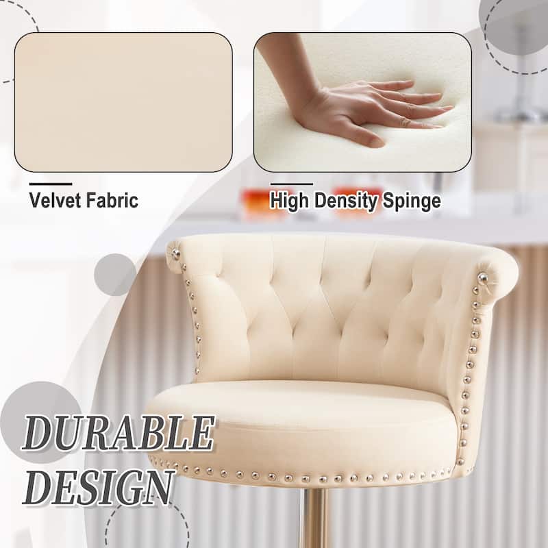 Velvet Upholstered Bar Stool Set of 2, Adjusatble Height Swivel Bar Stools, Dining Chairs with Curved Backrest & Footrest